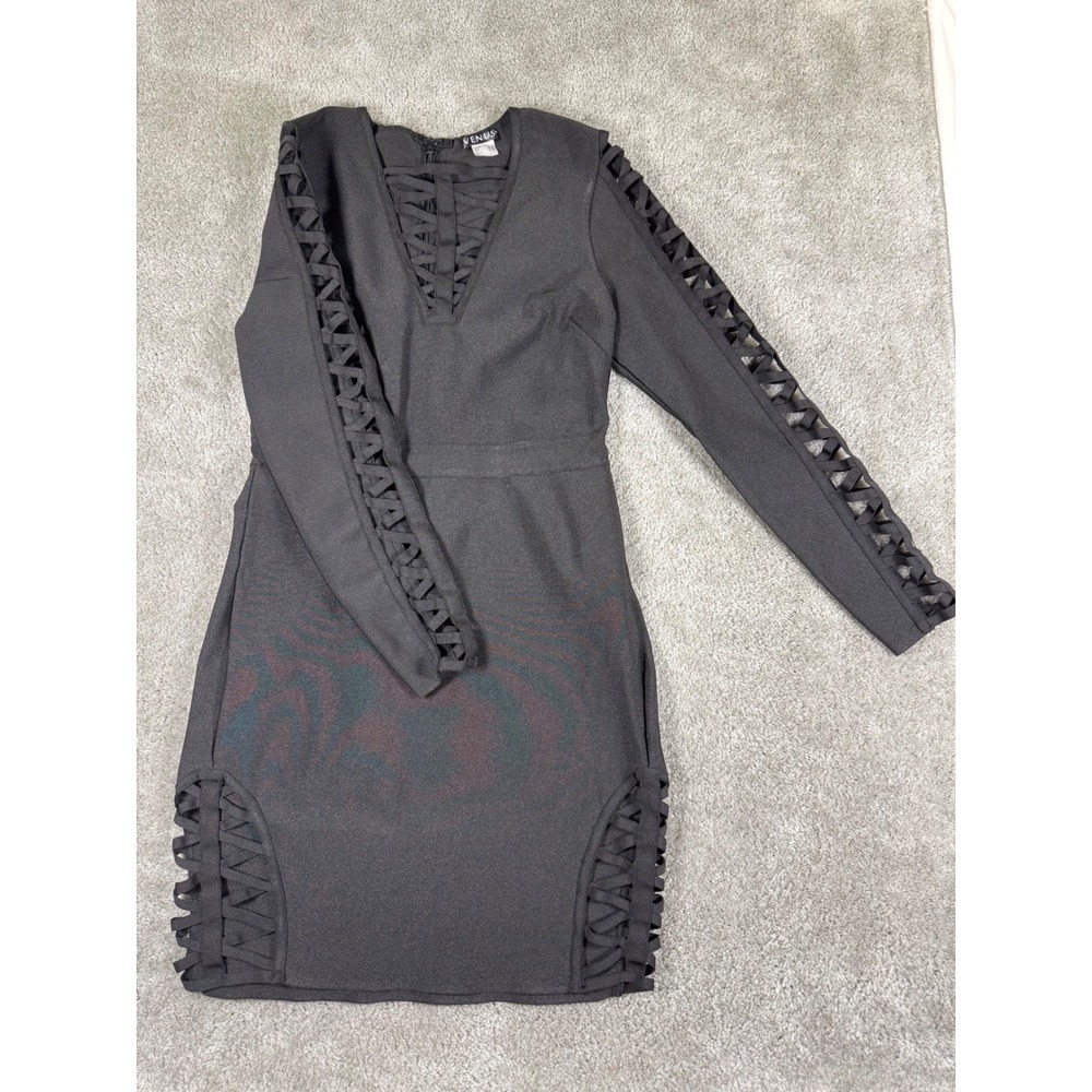 Venus Black Lattice Cage Sleeve V-Neck Bodycon Mini Dress Size Large L